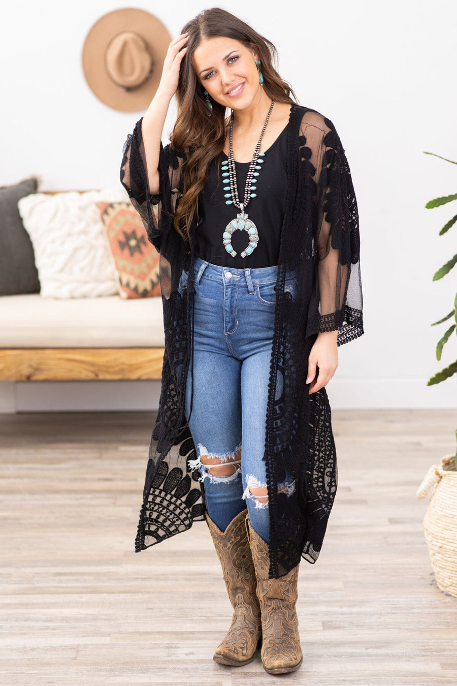 Black Lace Mid Length Kimono - Filly Flair