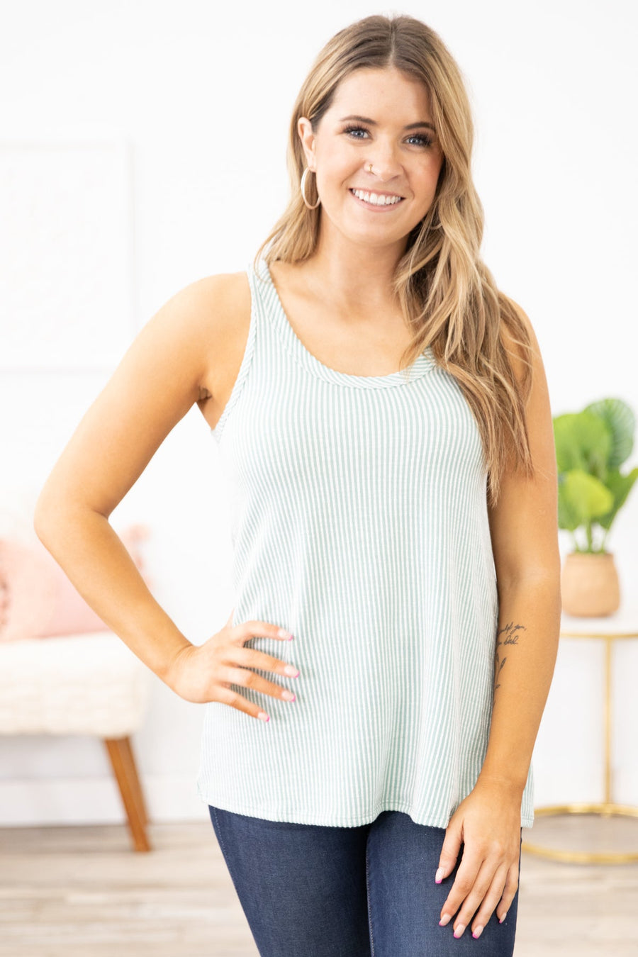 Mint and Off White Textured Stripe Tank - Filly Flair