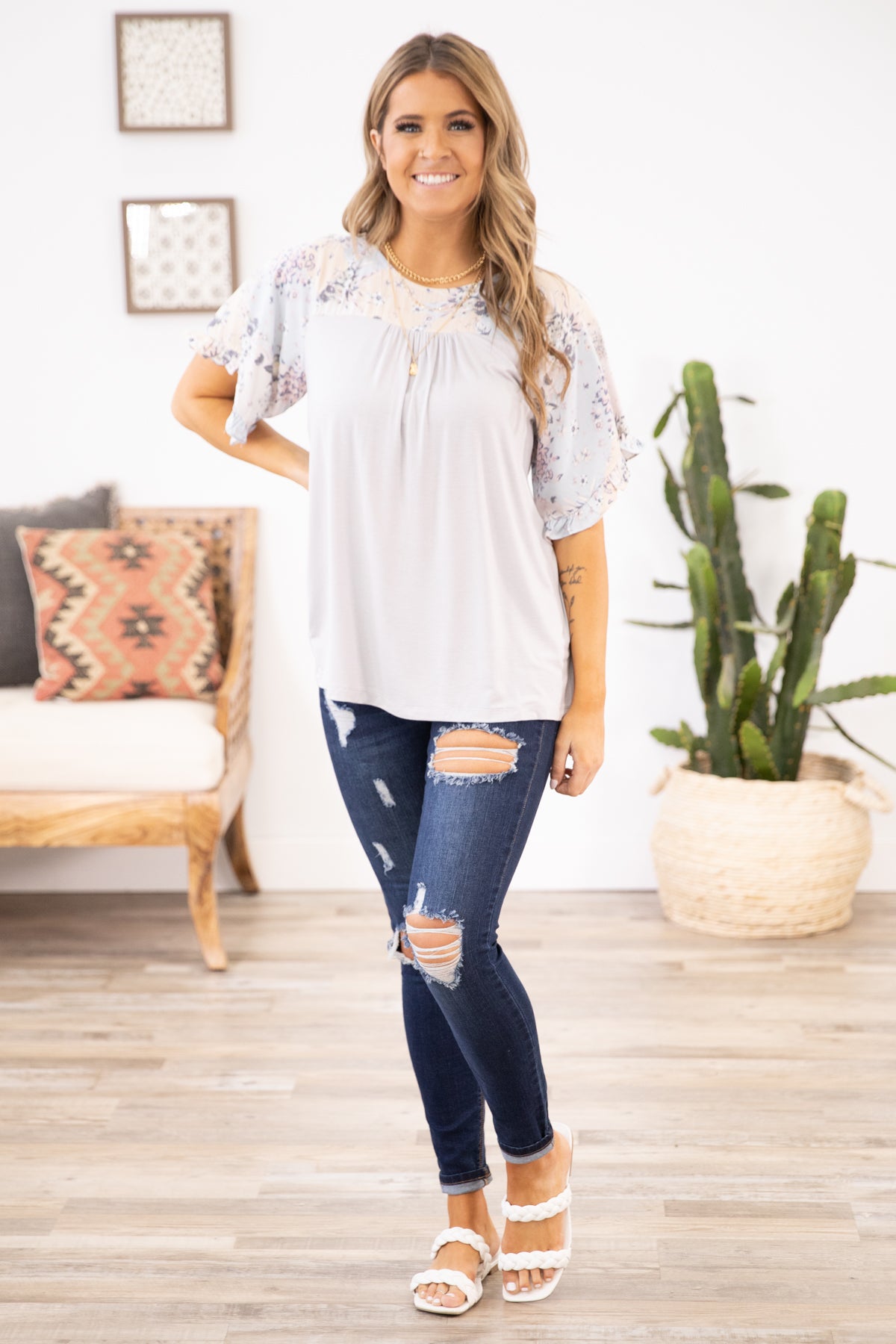 Light Grey and Peach Colorblock Floral Top - Filly Flair