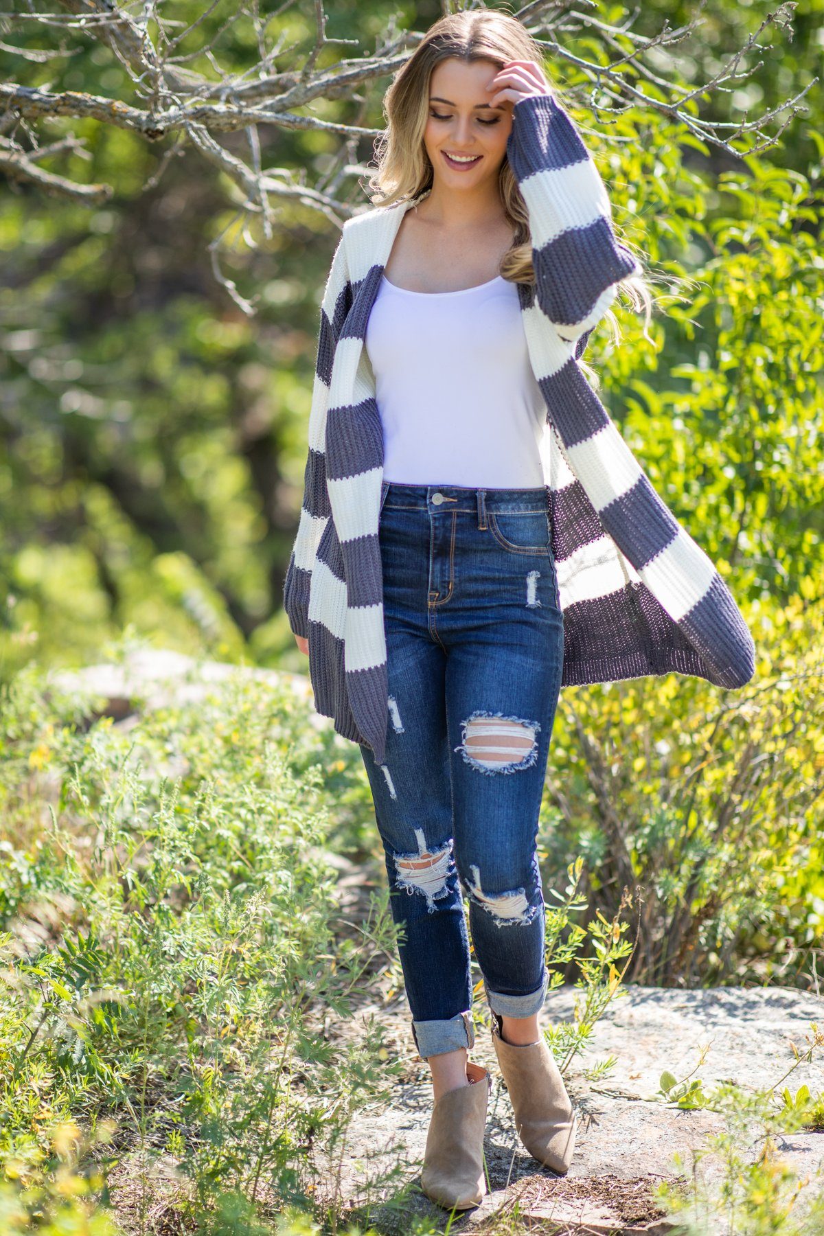 White/Grey Striped Cardigan - Filly Flair