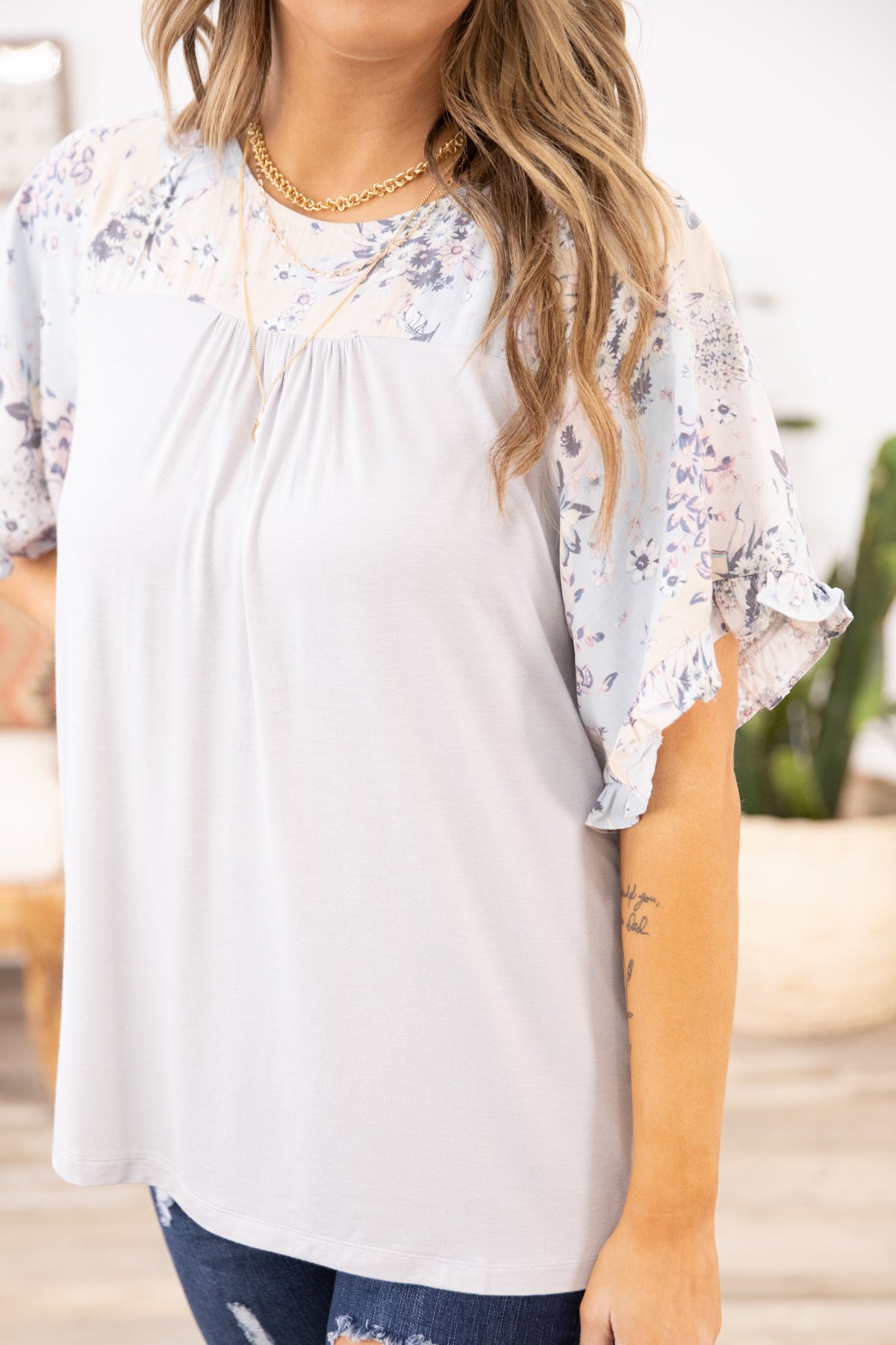 Light Grey and Peach Colorblock Floral Top - Filly Flair