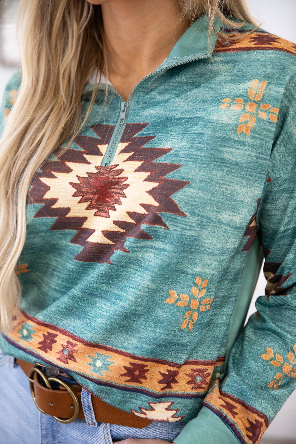 Turquoise Multicolor Aztec Print 1/4 Zip Top - Filly Flair