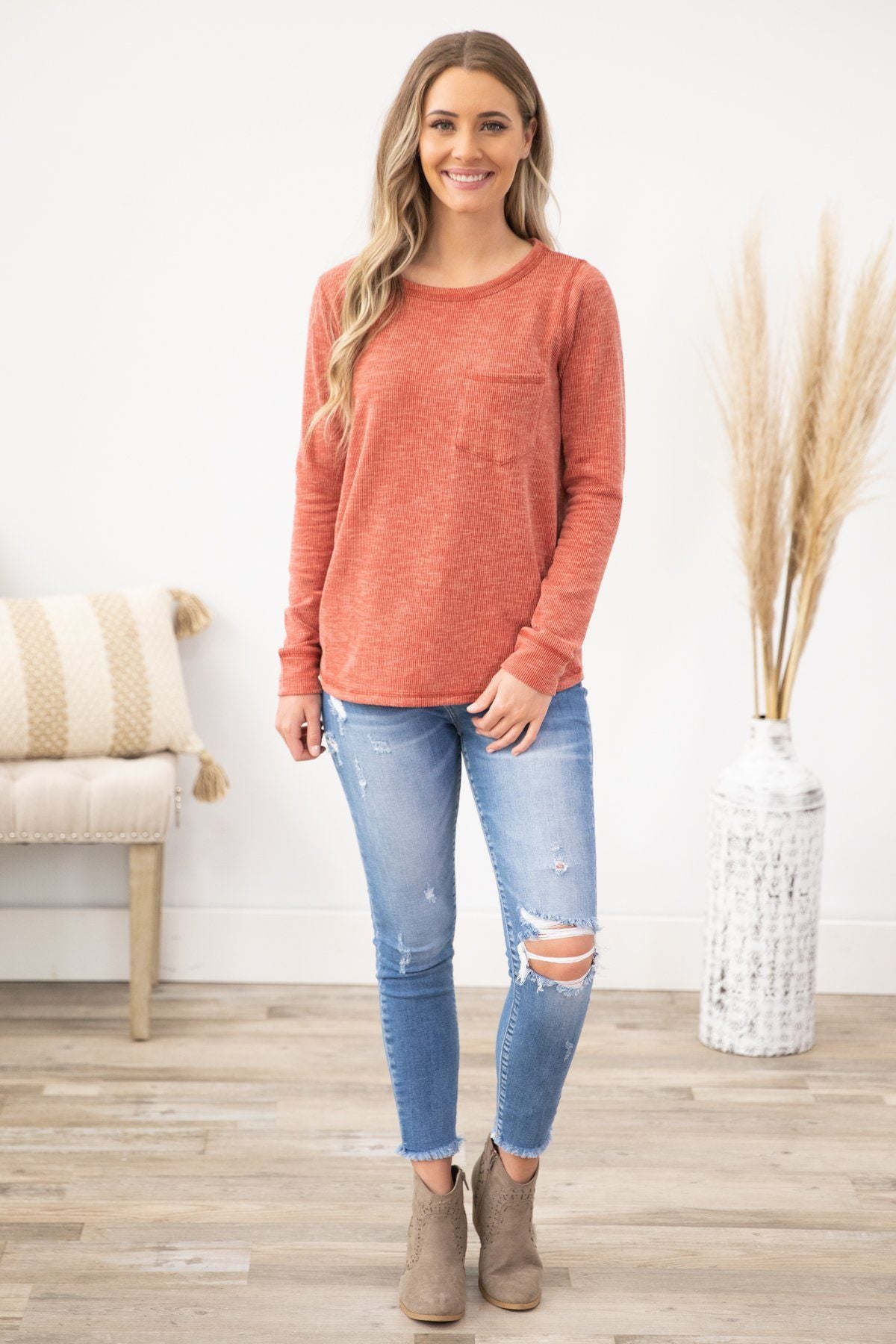 Rust Ribbed Long Sleeve Top - Filly Flair