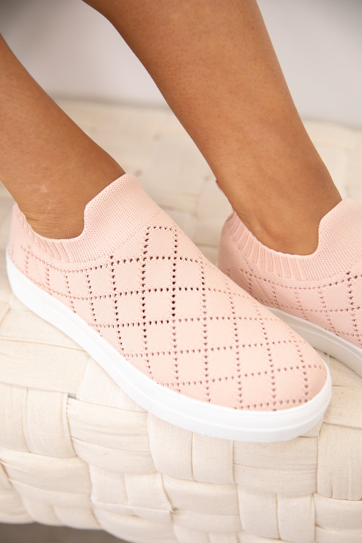 Baby Pink Perforated Knit Slip On Sneakers - Filly Flair