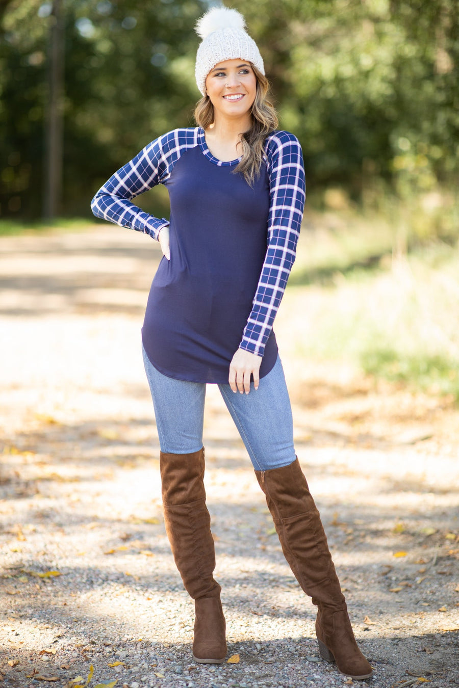 Navy Plaid Sleeve Top - Filly Flair
