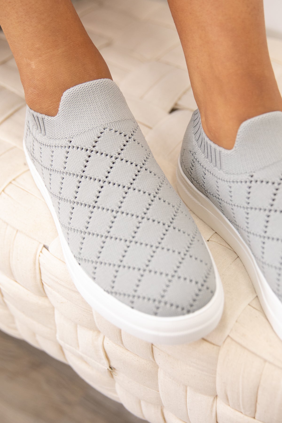 Light Grey Perforated Knit Slip On Sneakers - Filly Flair