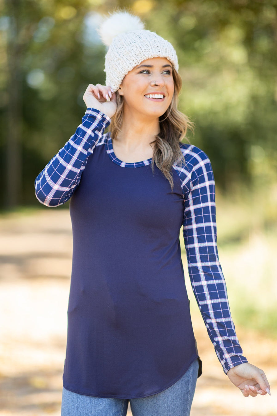Navy Plaid Sleeve Top - Filly Flair