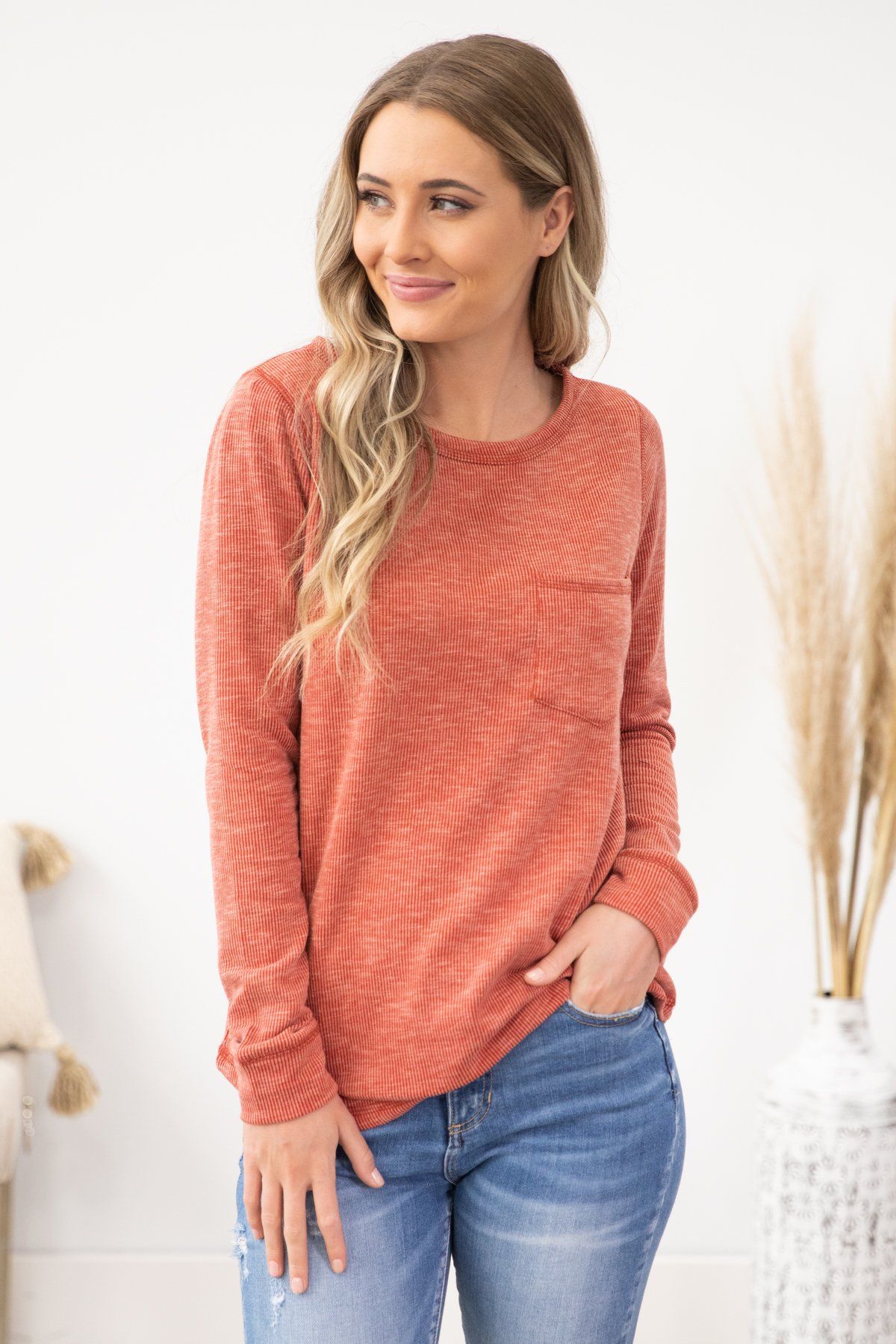 Rust Ribbed Long Sleeve Top - Filly Flair