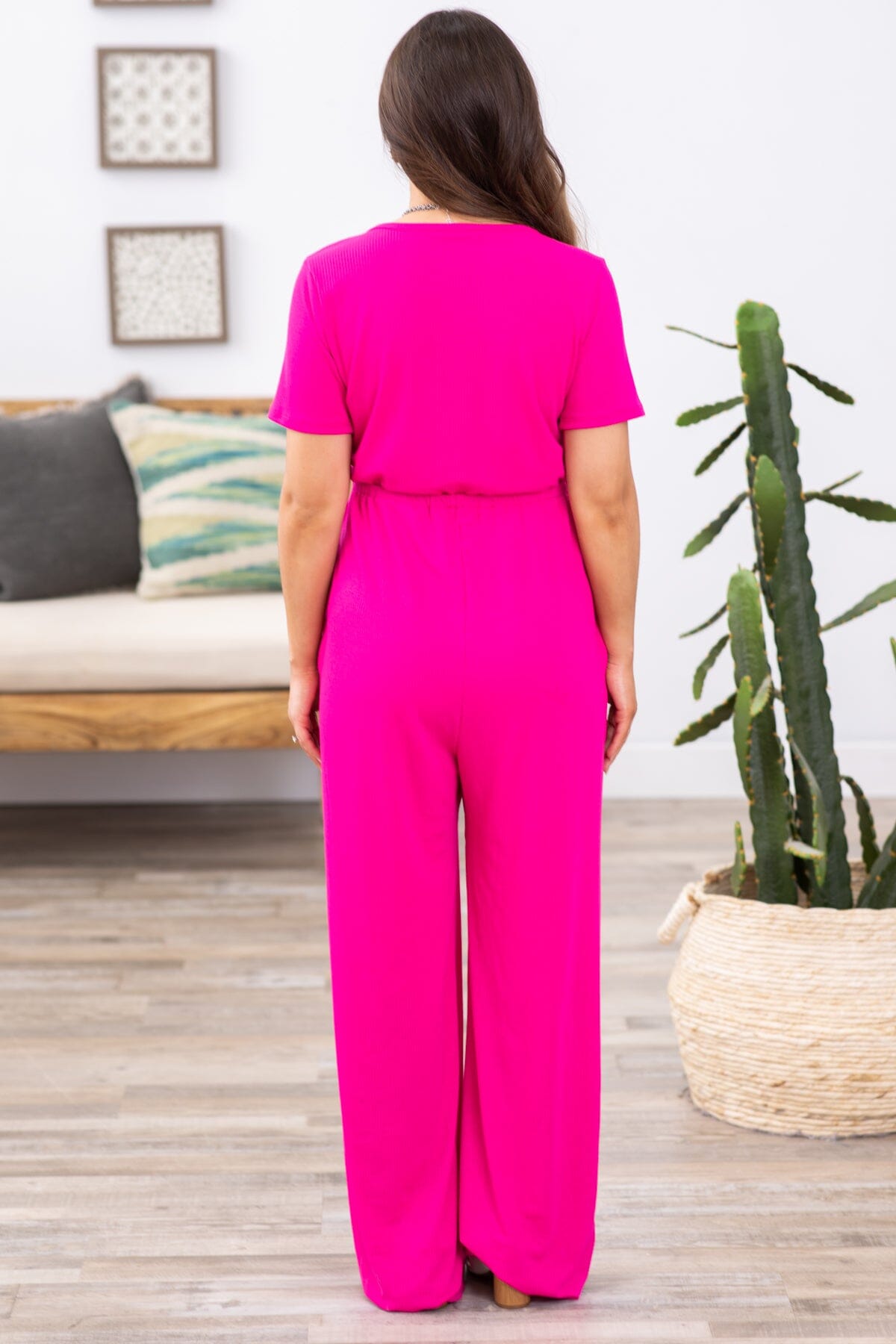 Hot Pink Surplice Front Short Sleeve Jumpsuit - Filly Flair