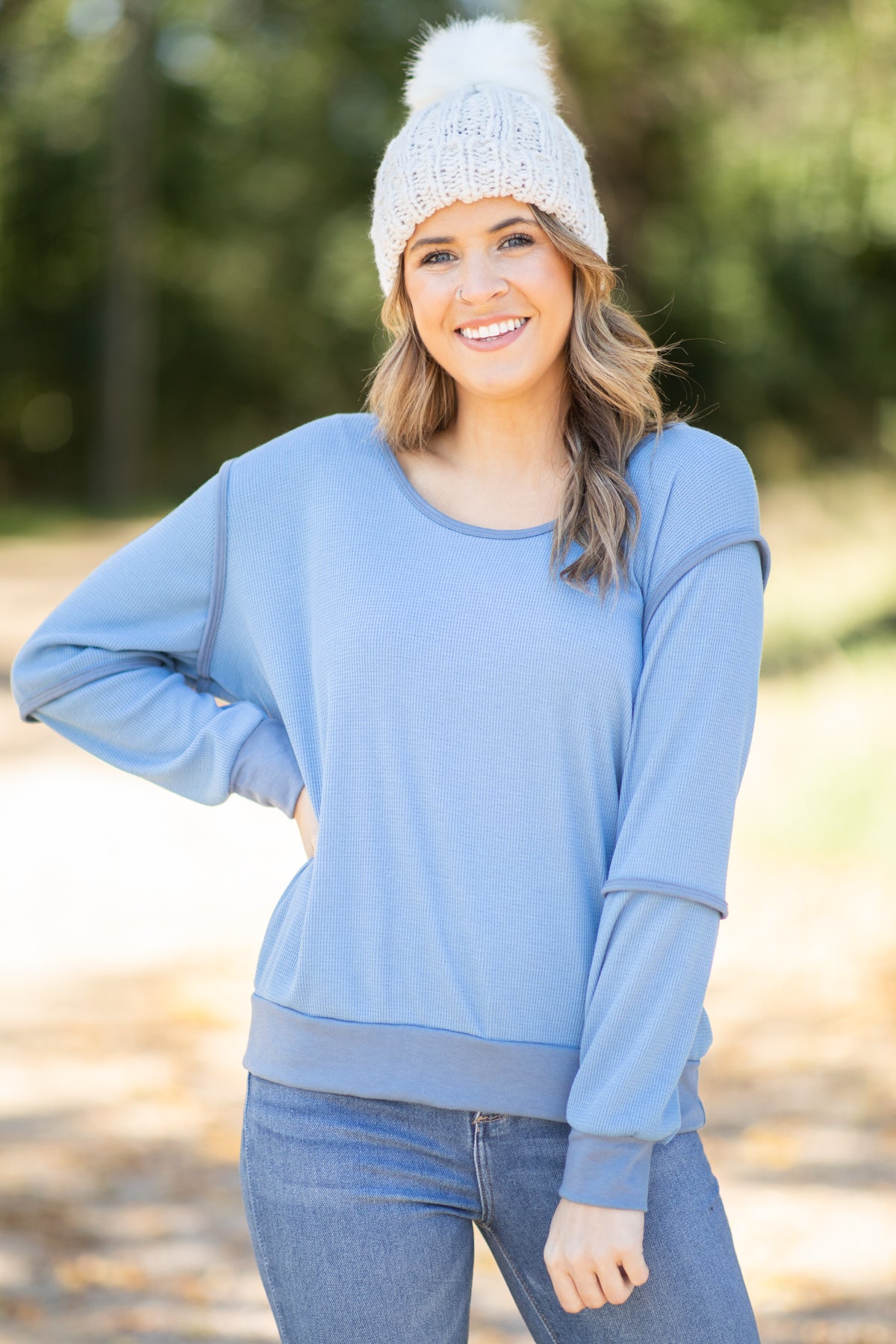 Dusty Blue Reverse Seam Detail Top - Filly Flair