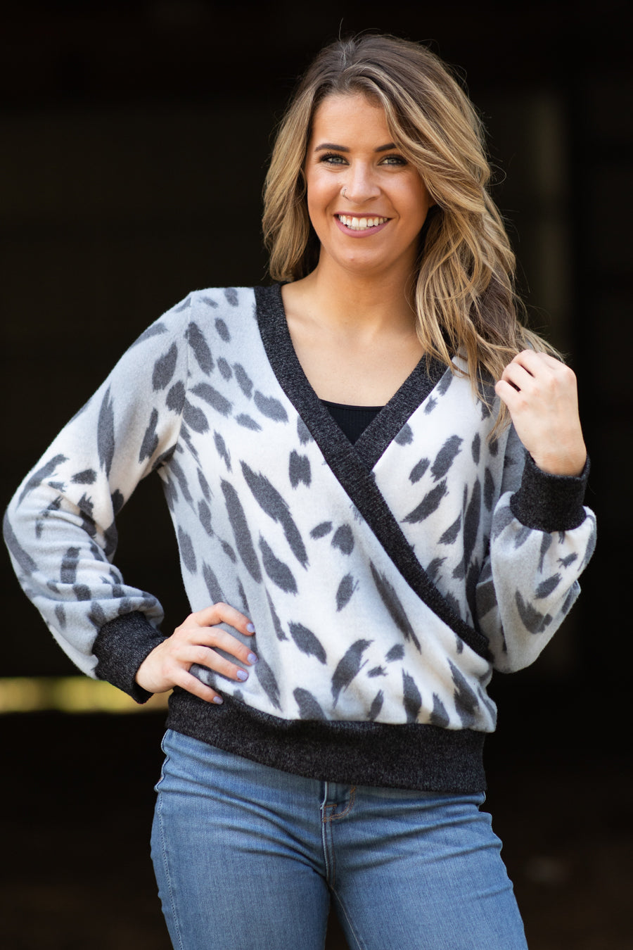 Grey Abstract Animal Print Surplice Front Top - Filly Flair