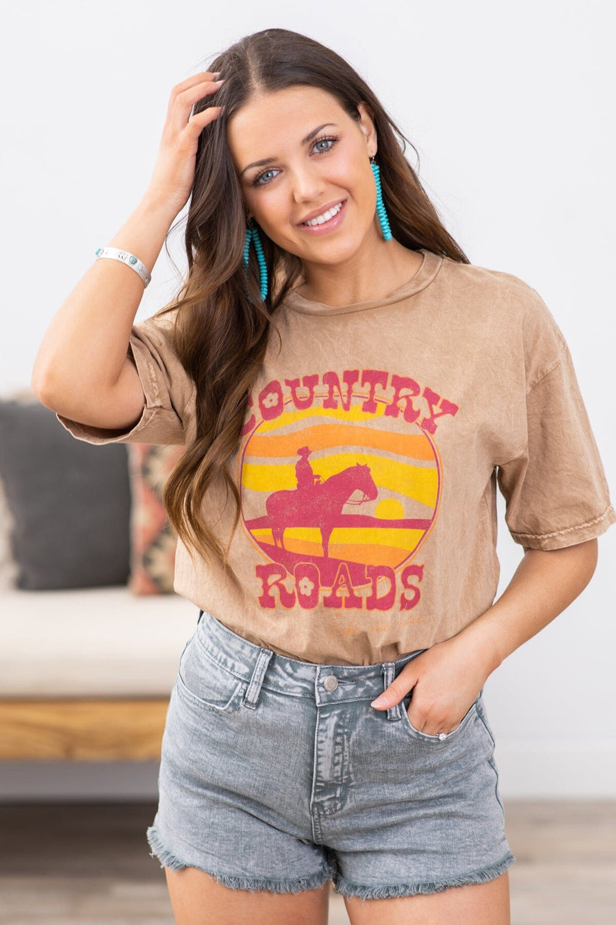 Taupe Washed Country Roads Graphic Tee - Filly Flair