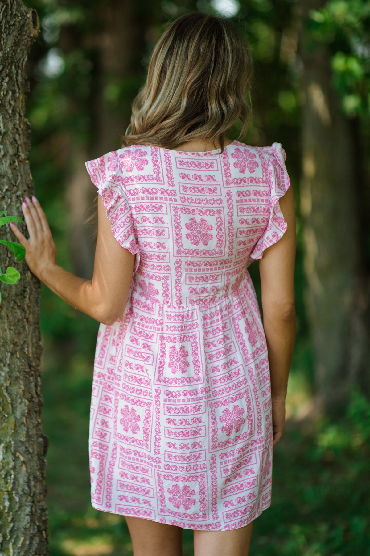 Women's White and Pink Boho Print Ruffle Trim Dress | Size S