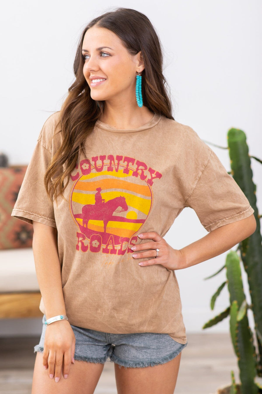 Taupe Washed Country Roads Graphic Tee - Filly Flair