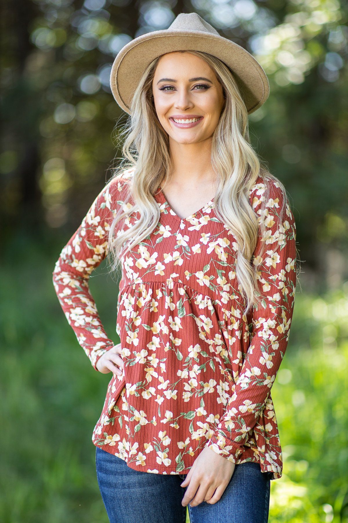 Rust Floral Babydoll Top - Filly Flair