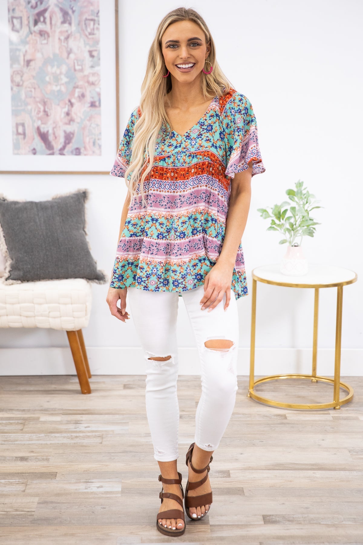 Mint Multicolor Floral Flutter Sleeve Top - Filly Flair
