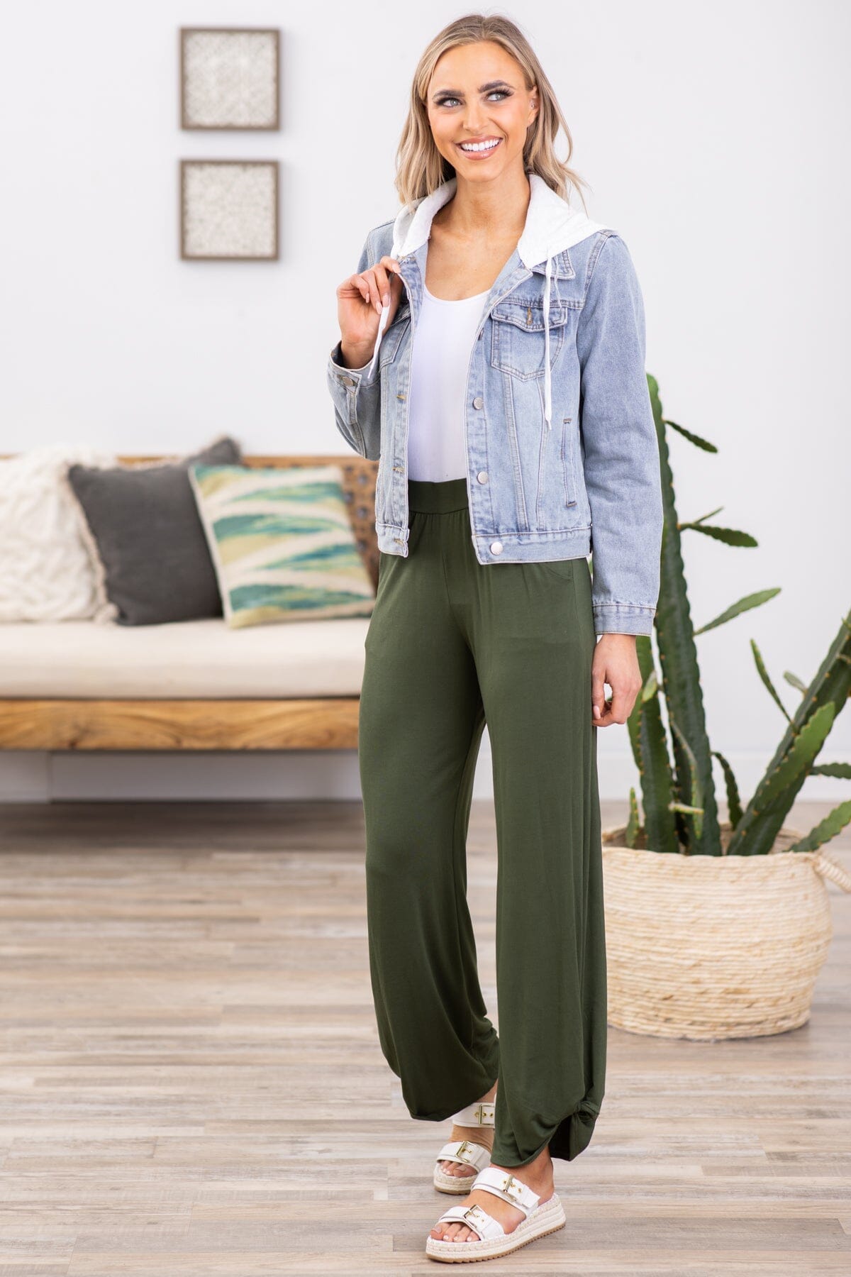 Olive Pull On Knit Pants With Tie Detail - Filly Flair