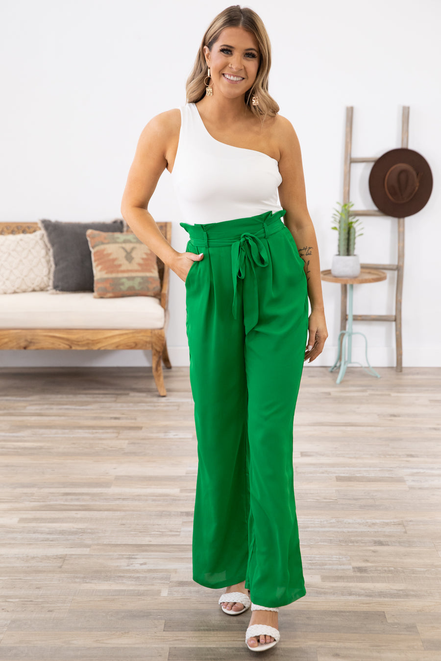 Jade and White Tie Waist One Shoulder Jumpsuit - Filly Flair