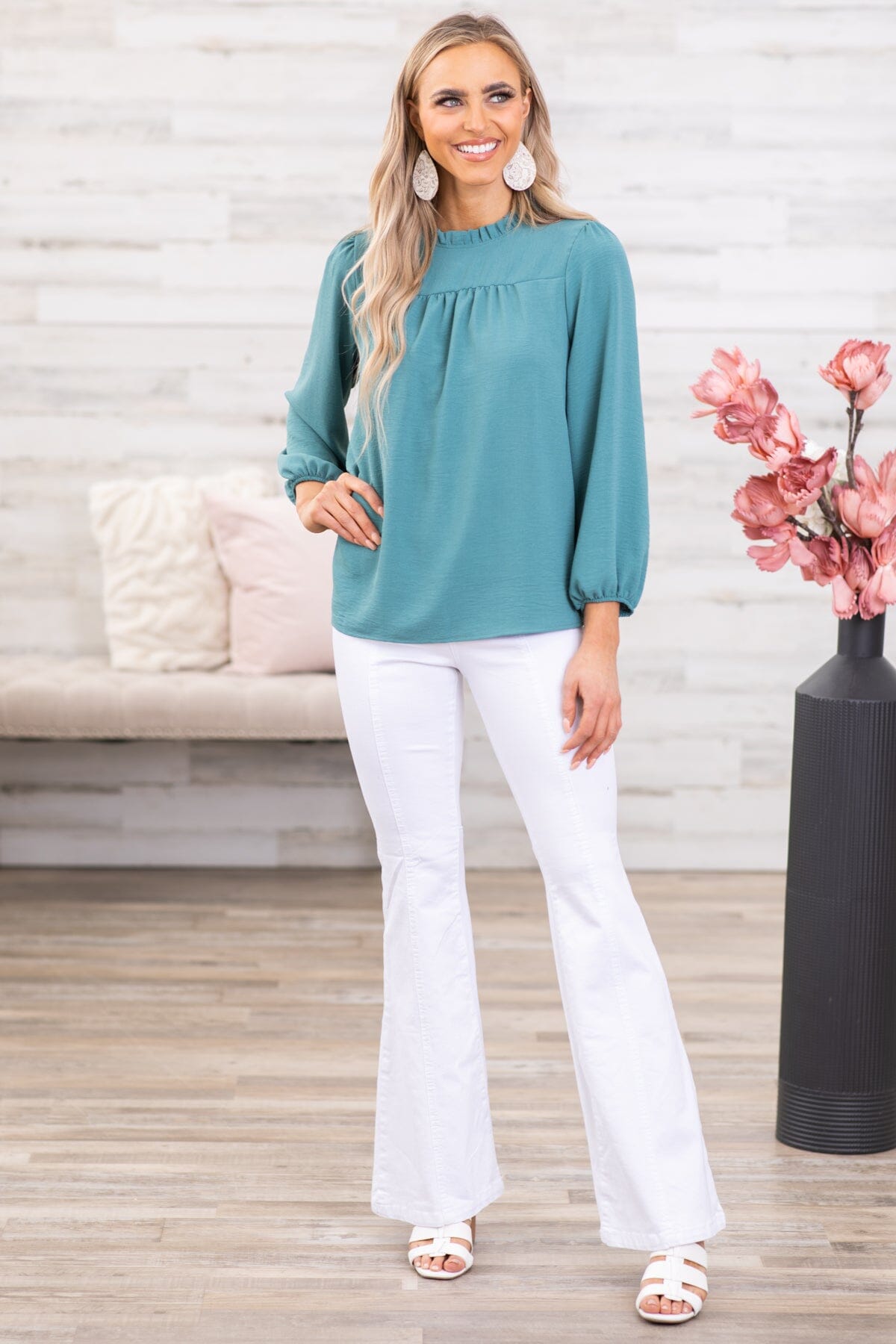 Teal Ruffle Trim Long Sleeve Top - Filly Flair