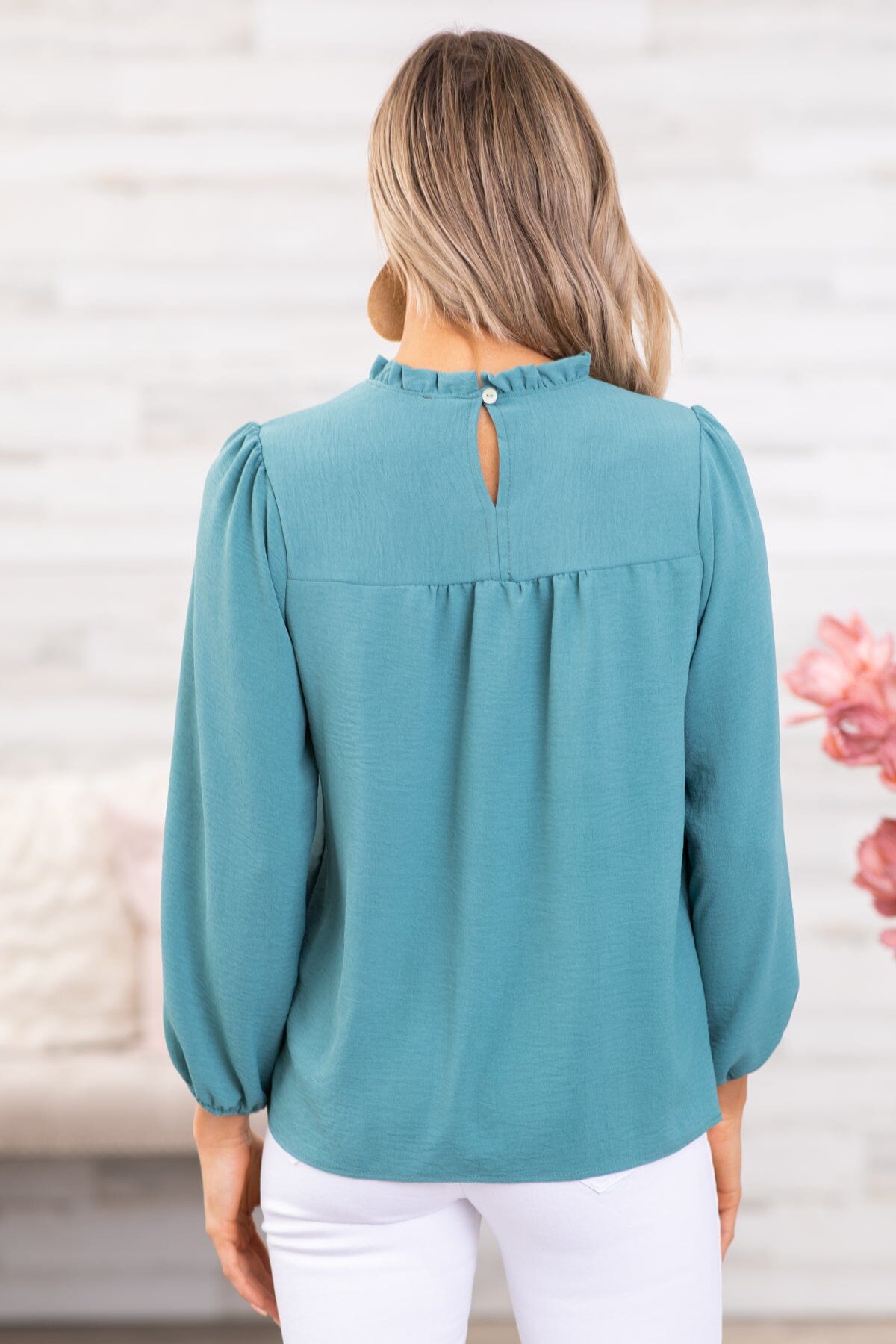 Teal Ruffle Trim Long Sleeve Top - Filly Flair
