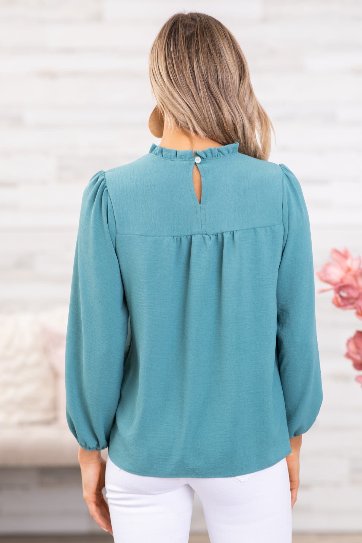 Teal Ruffle Trim Long Sleeve Top · Filly Flair