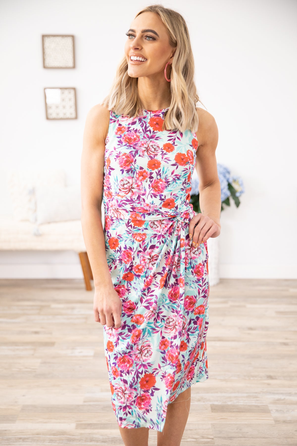 Mint and Pink Floral Print Midi Dress - Filly Flair