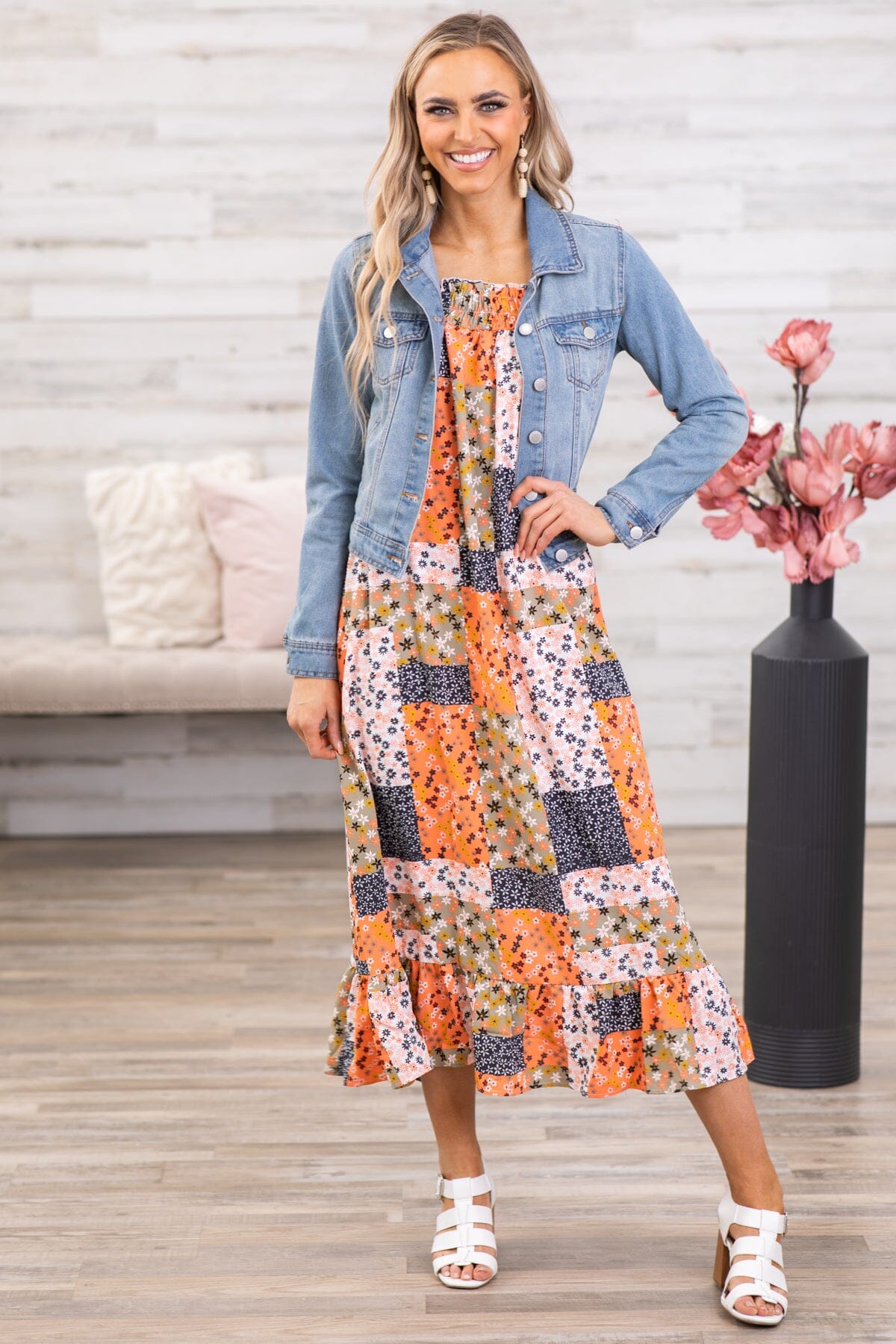 Orange Multicolor Floral Patchwork Midi Dress - Filly Flair