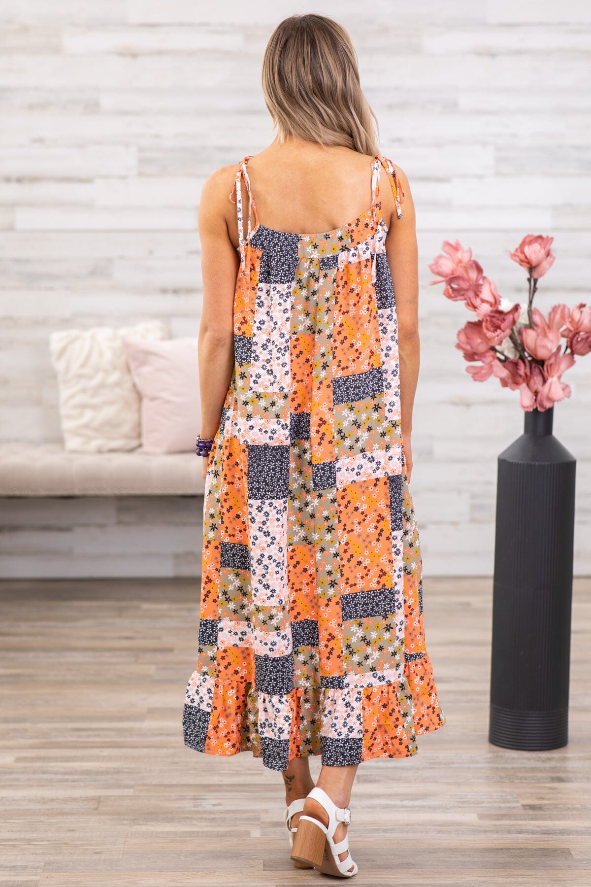 Orange Multicolor Floral Patchwork Midi Dress - Filly Flair