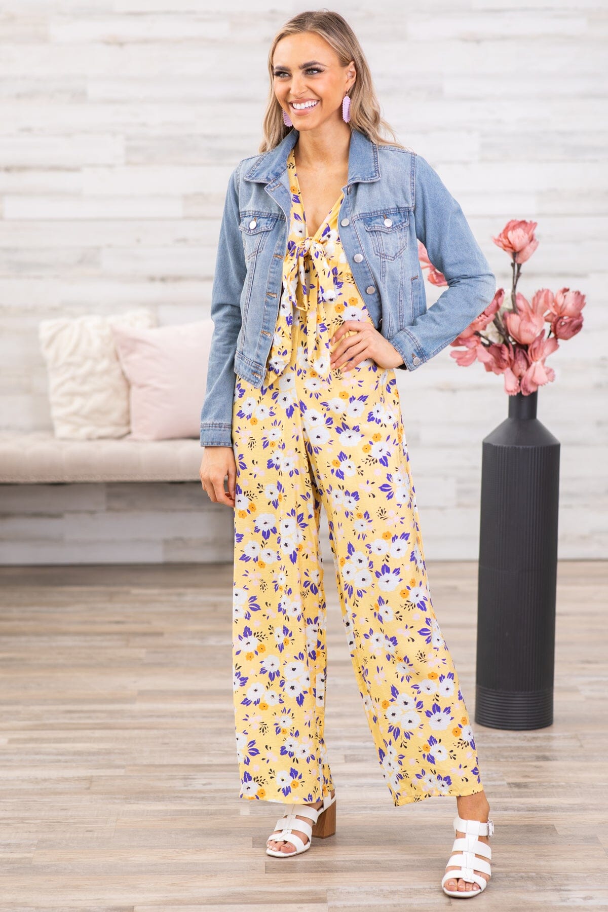 Yellow Floral Flutter Sleeve Jumpsuit - Filly Flair