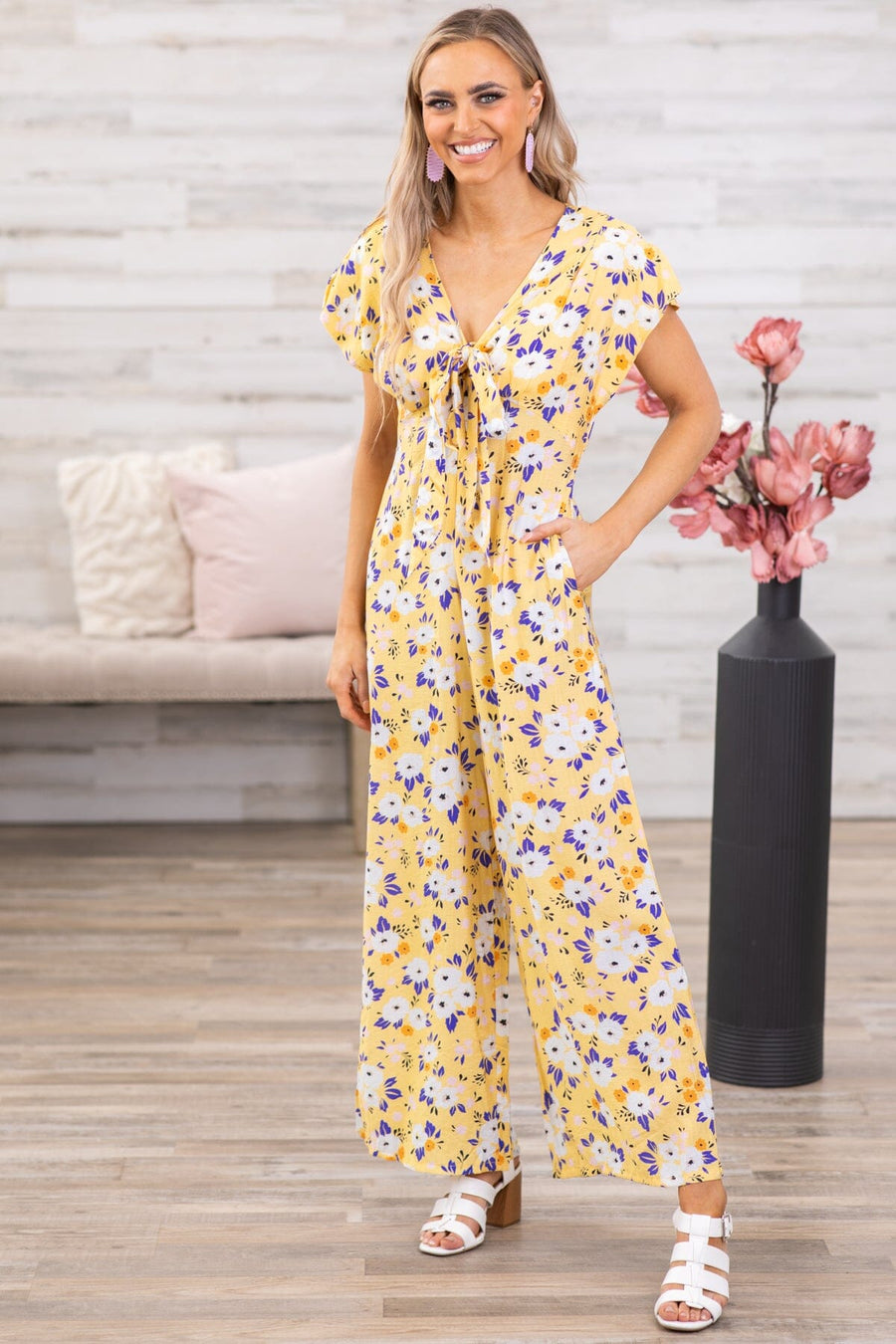 Yellow Floral Flutter Sleeve Jumpsuit - Filly Flair