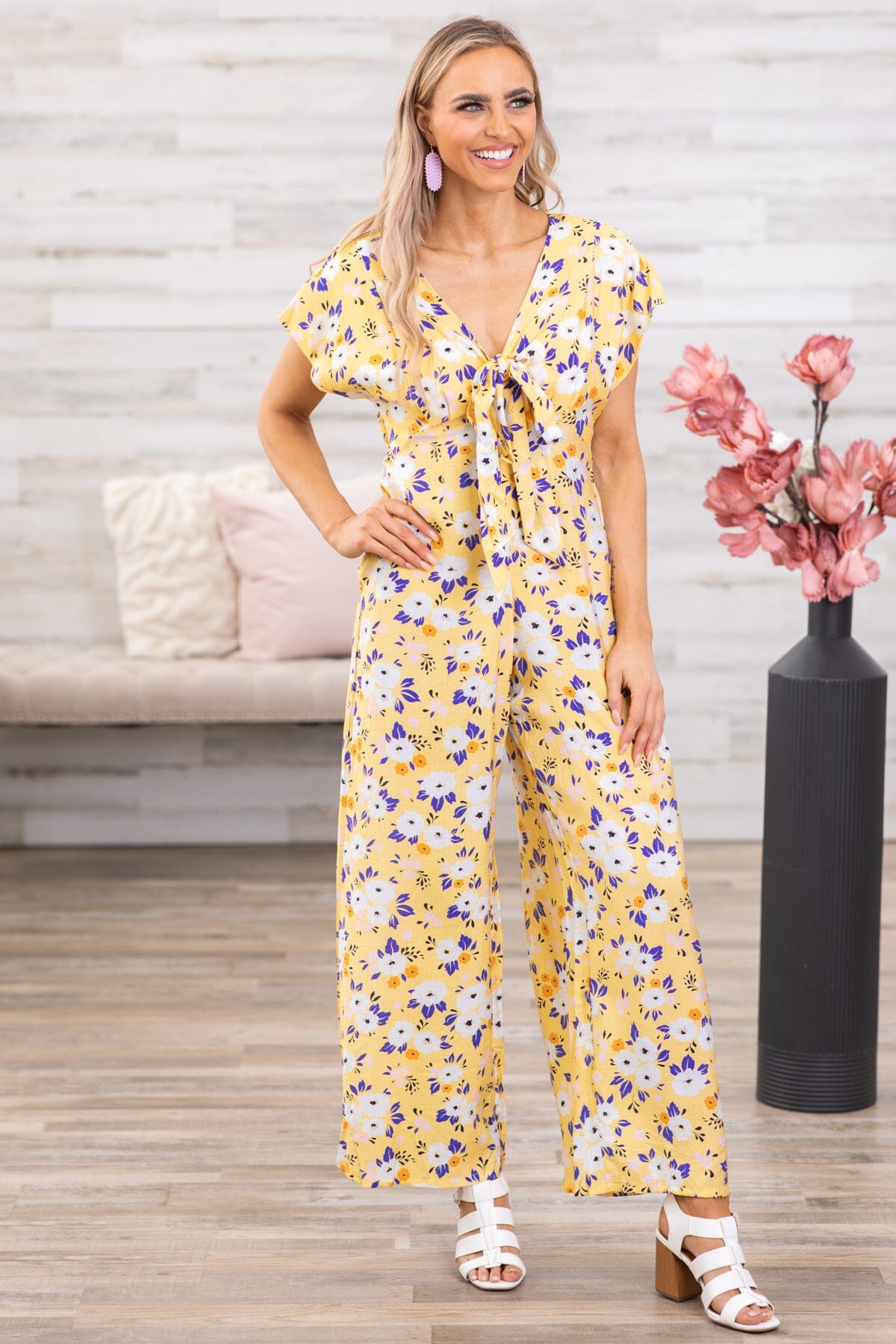 Yellow Floral Flutter Sleeve Jumpsuit · Filly Flair
