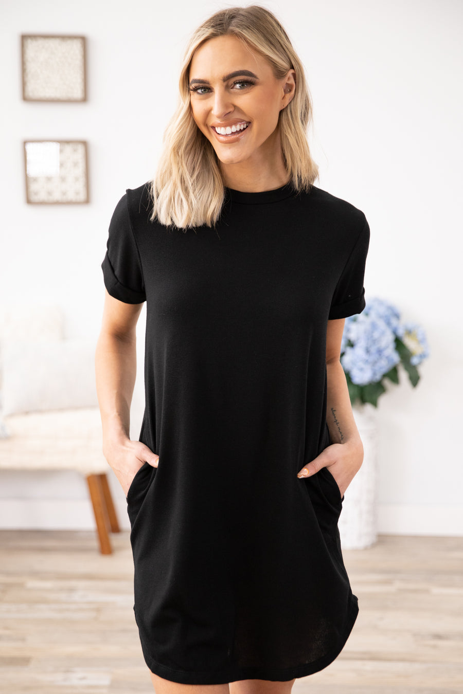 Black Short Sleeve Knit Dress with Pockets - Filly Flair