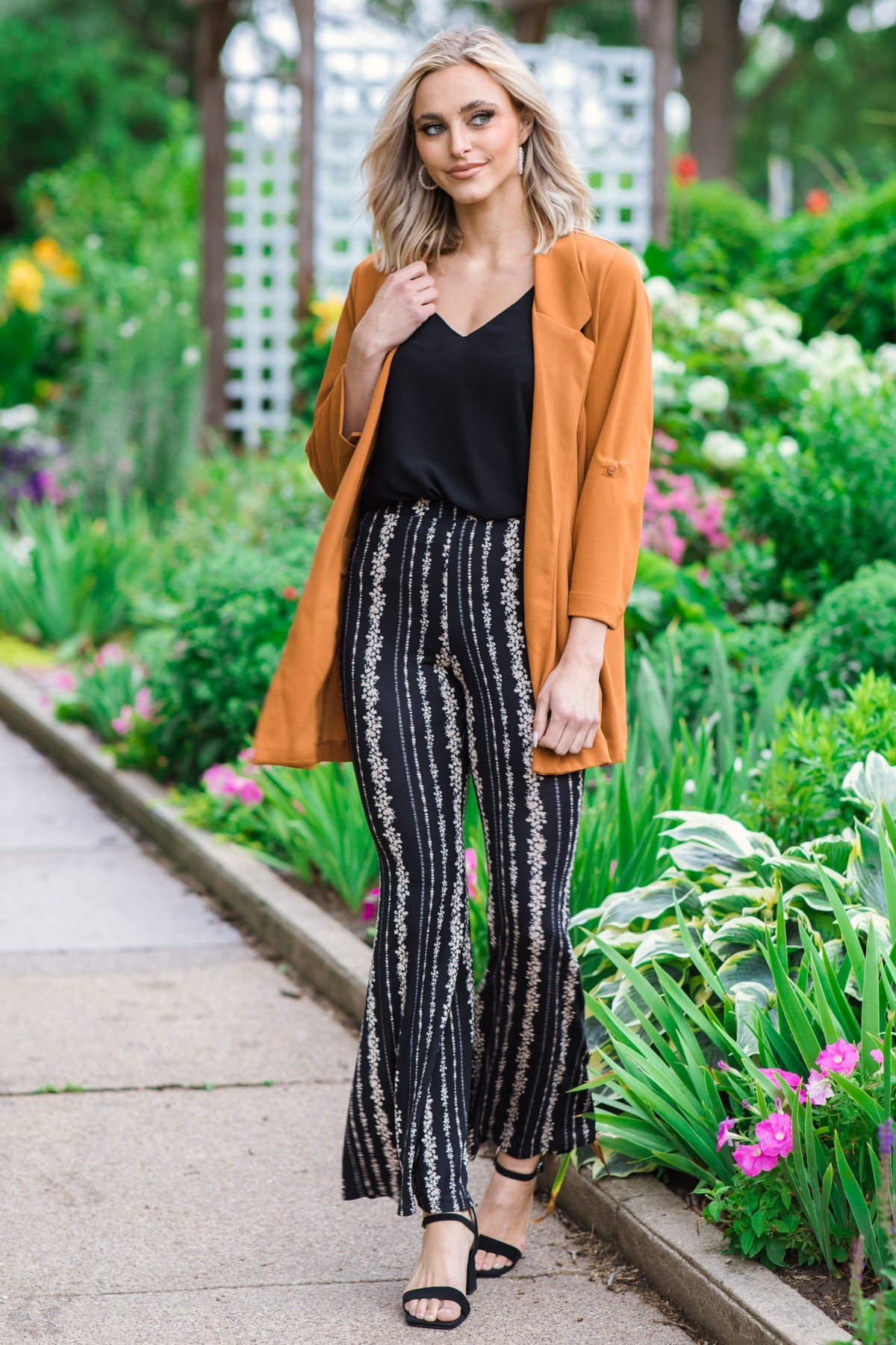 Black and Tan Floral Print Flare Pants - Filly Flair