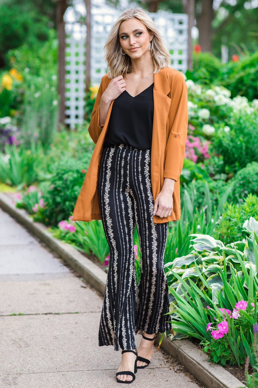 Black and Tan Floral Print Flare Pants - Filly Flair