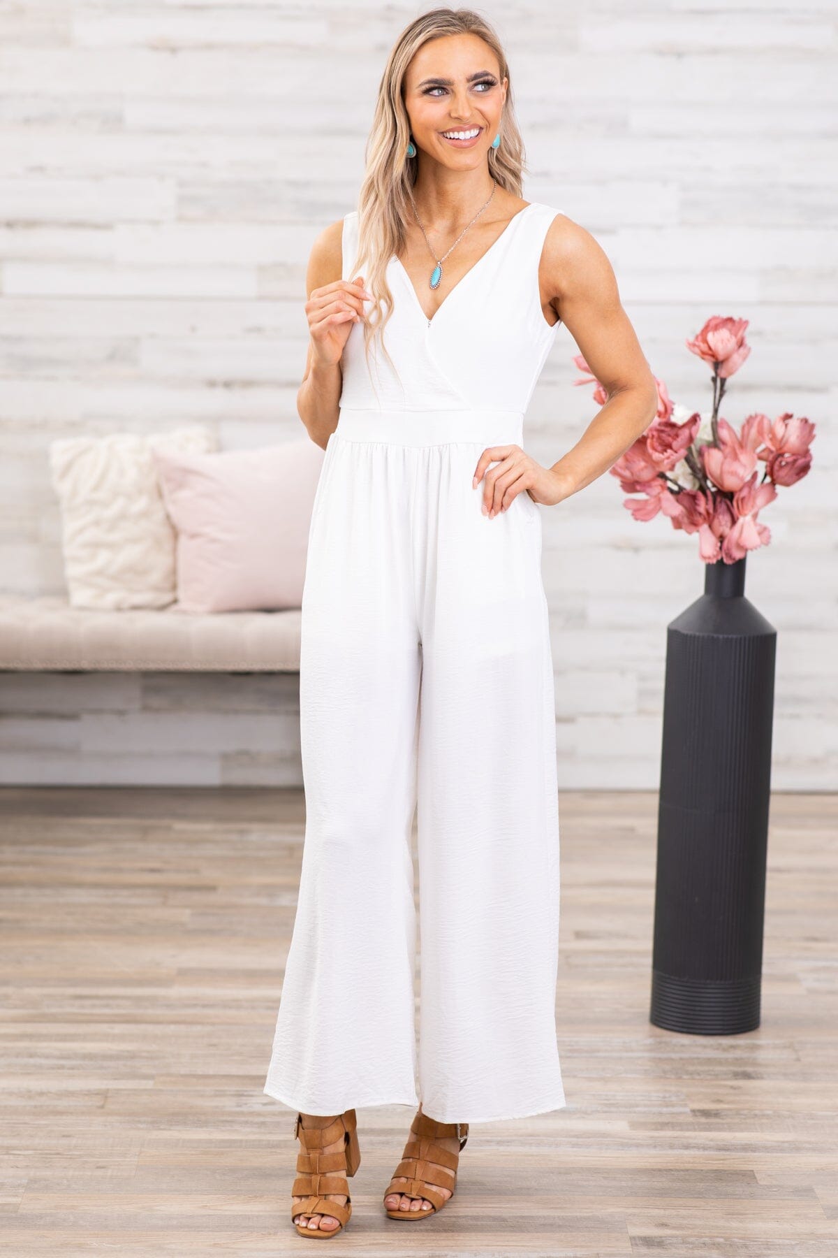 Off White Smocked Waist Double V-Neck Jumpsuit - Filly Flair
