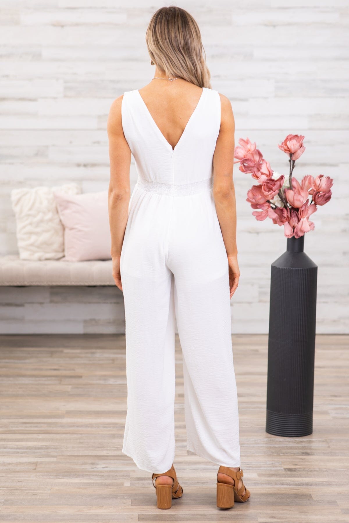 Off White Smocked Waist Double V-Neck Jumpsuit - Filly Flair
