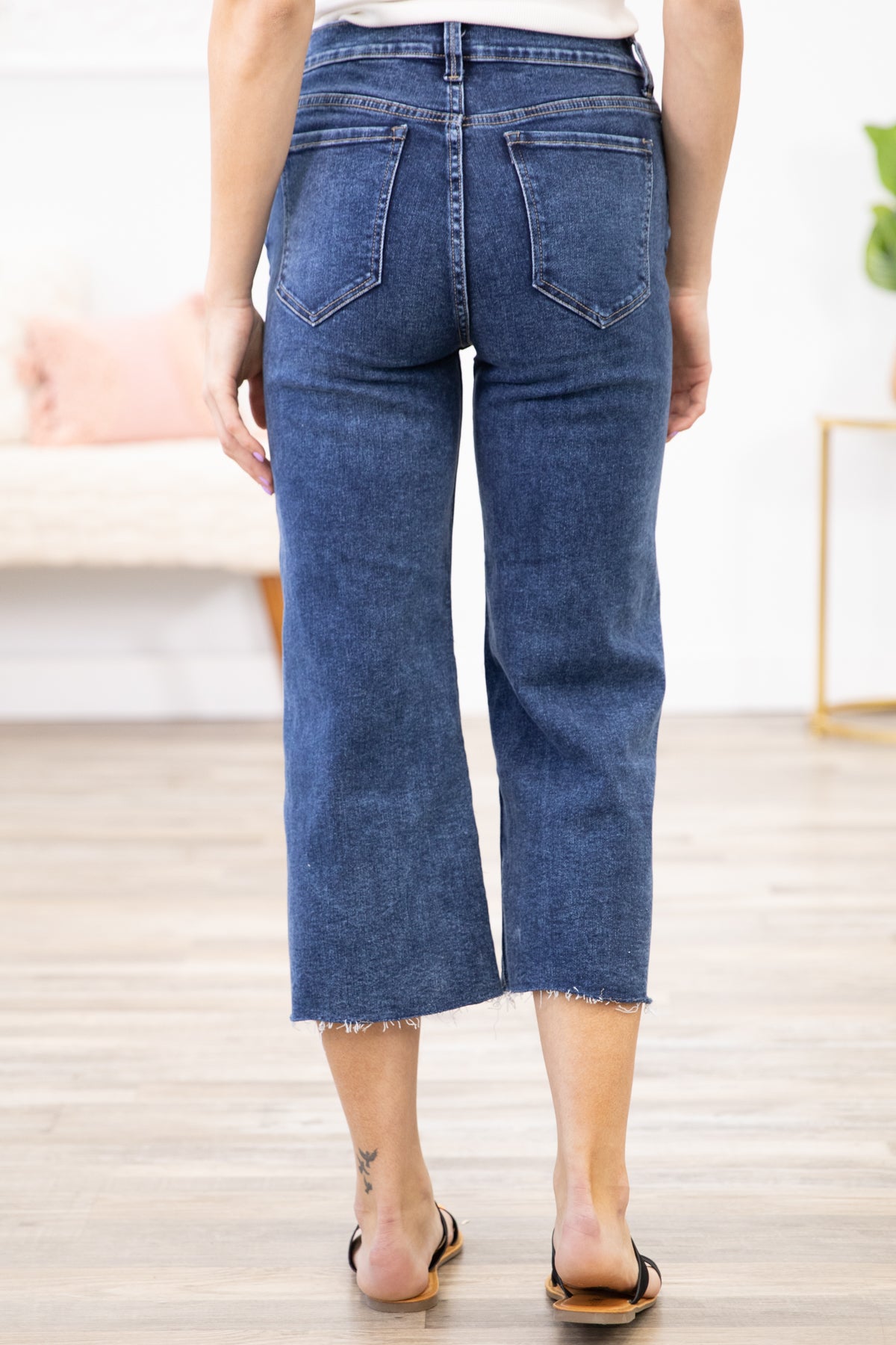 Dark Wash Raw Hem Cropped Jeans - Filly Flair