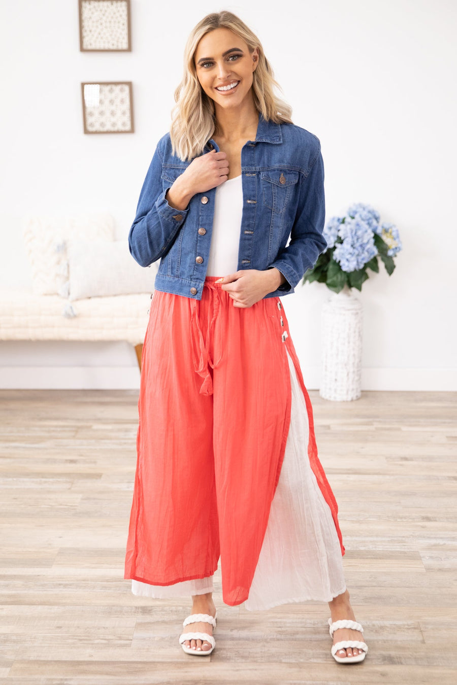 Coral and White Pull On Pants - Filly Flair