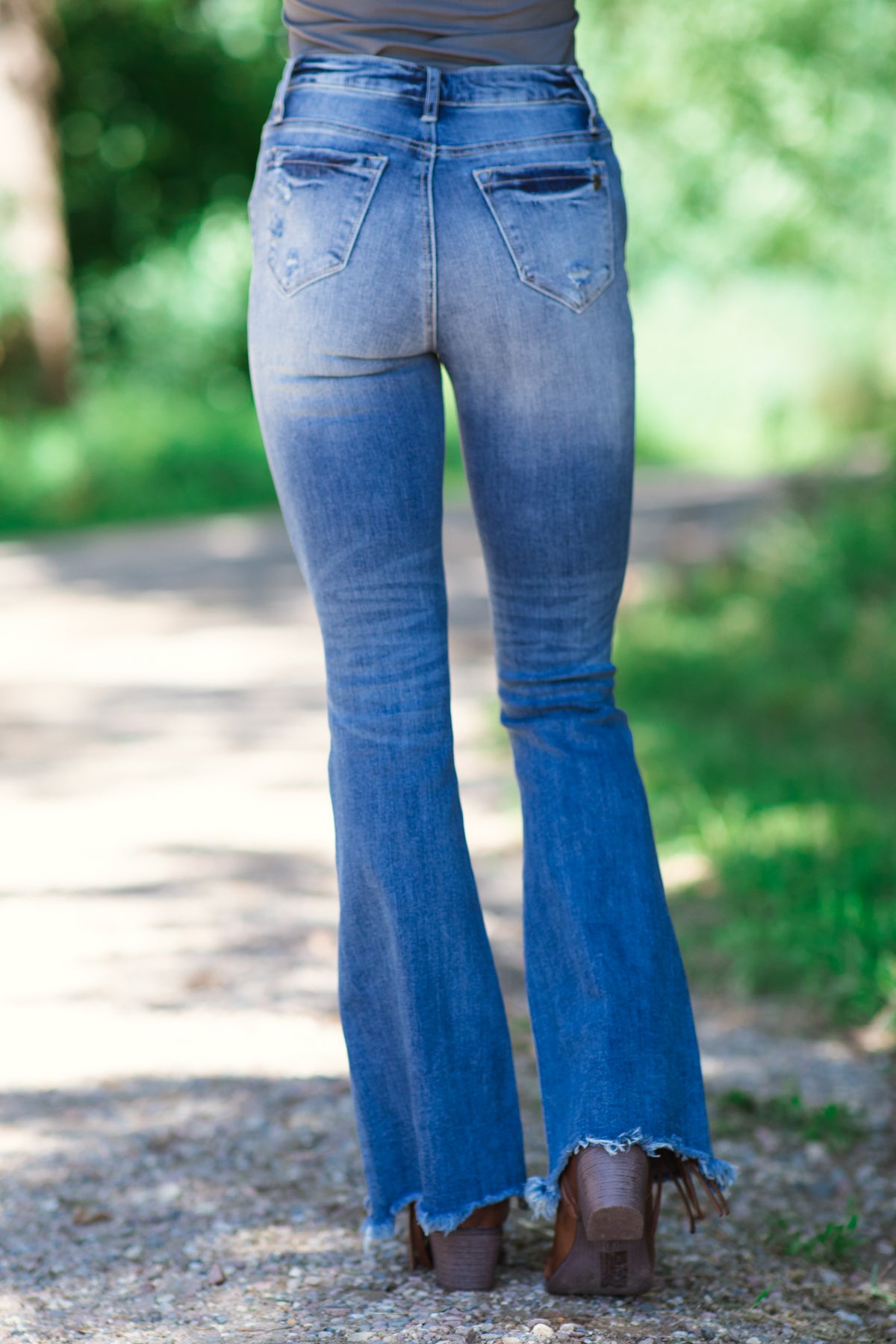 Medium Wash Distressed Fray Hem Bootcut Jeans - Filly Flair