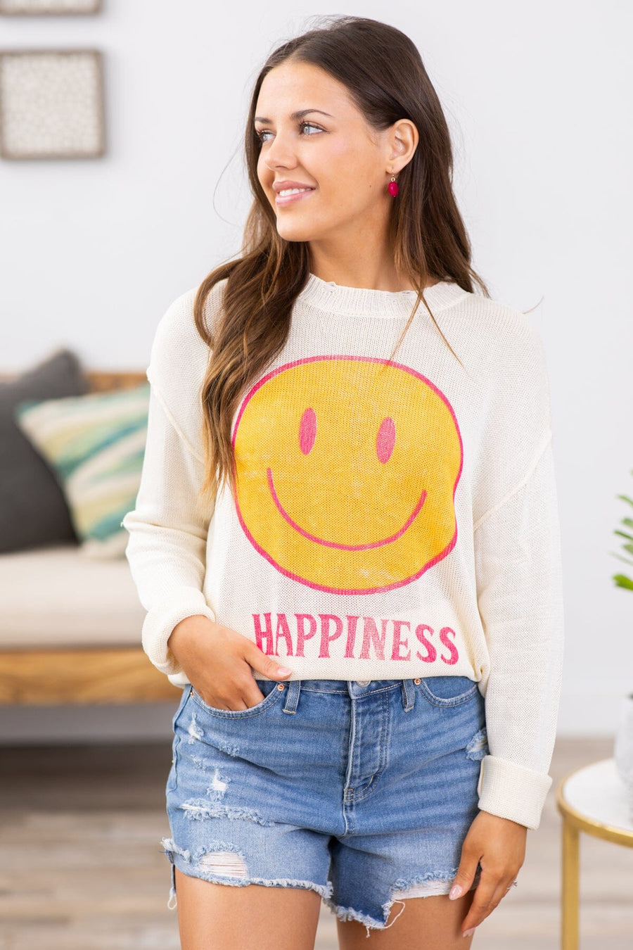 Ivory and Yellow Happiness Smiley Sweater - Filly Flair