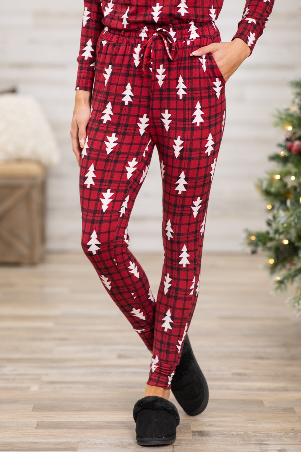 Red and White Plaid Tree Print Lounge Set - Filly Flair
