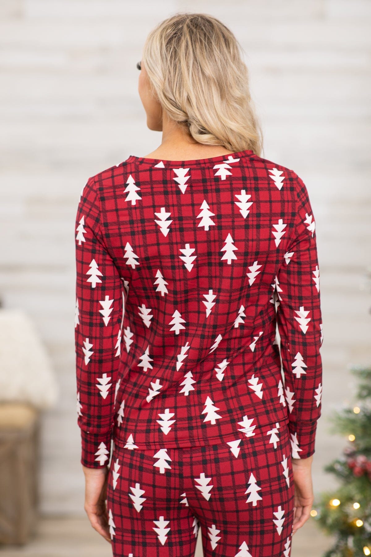 Red and White Plaid Tree Print Lounge Set - Filly Flair