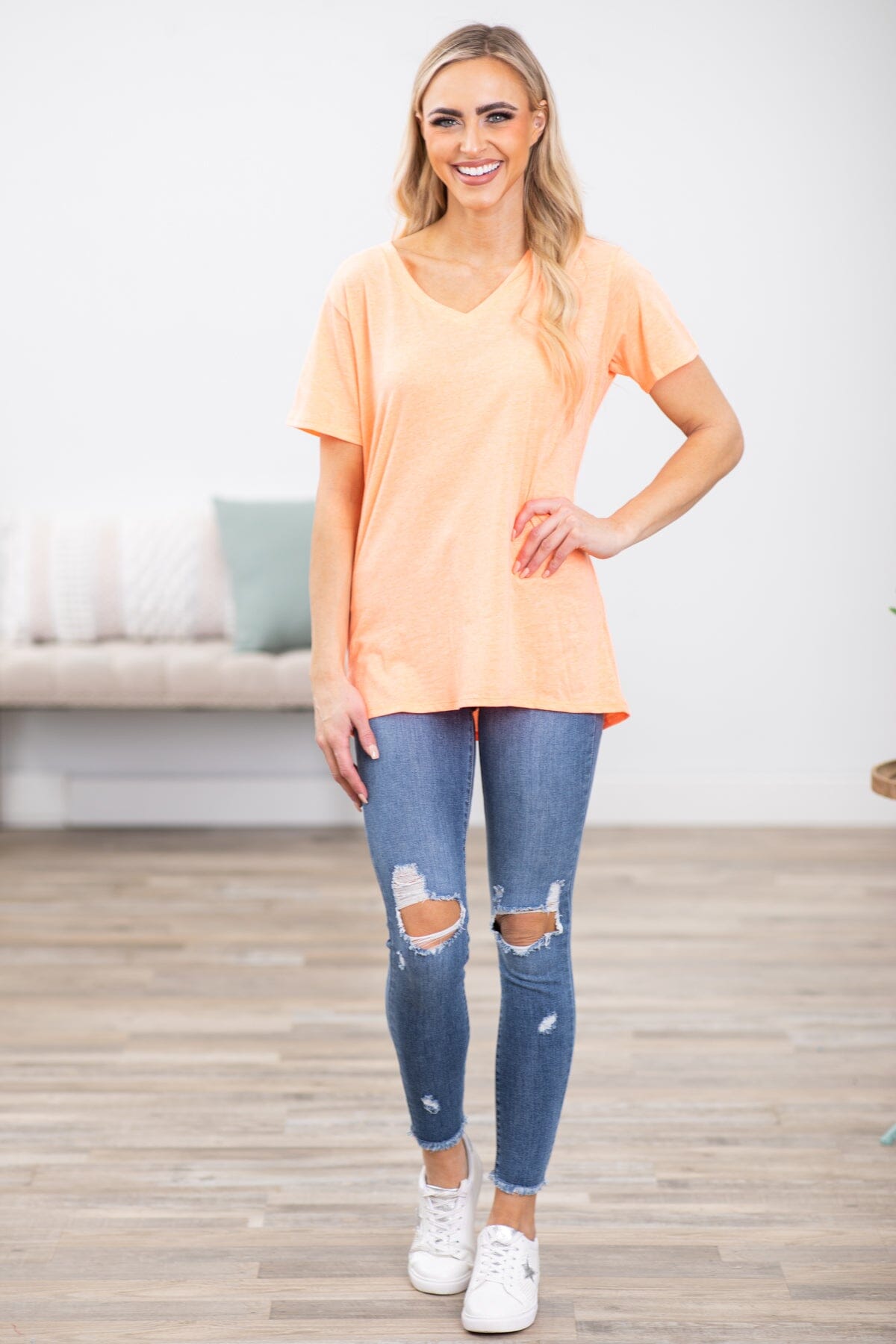 Neon Coral V-Neck Boyfriend Fit Tee - Filly Flair