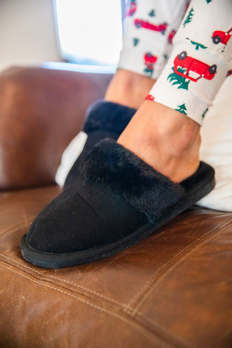 Black Faux Fur Trim Slippers - Filly Flair