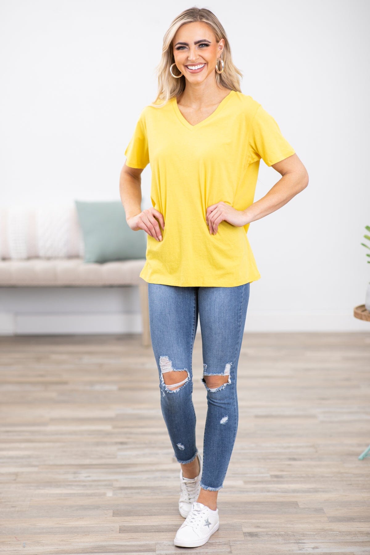 Yellow V-Neck Boyfriend Fit Tee - Filly Flair