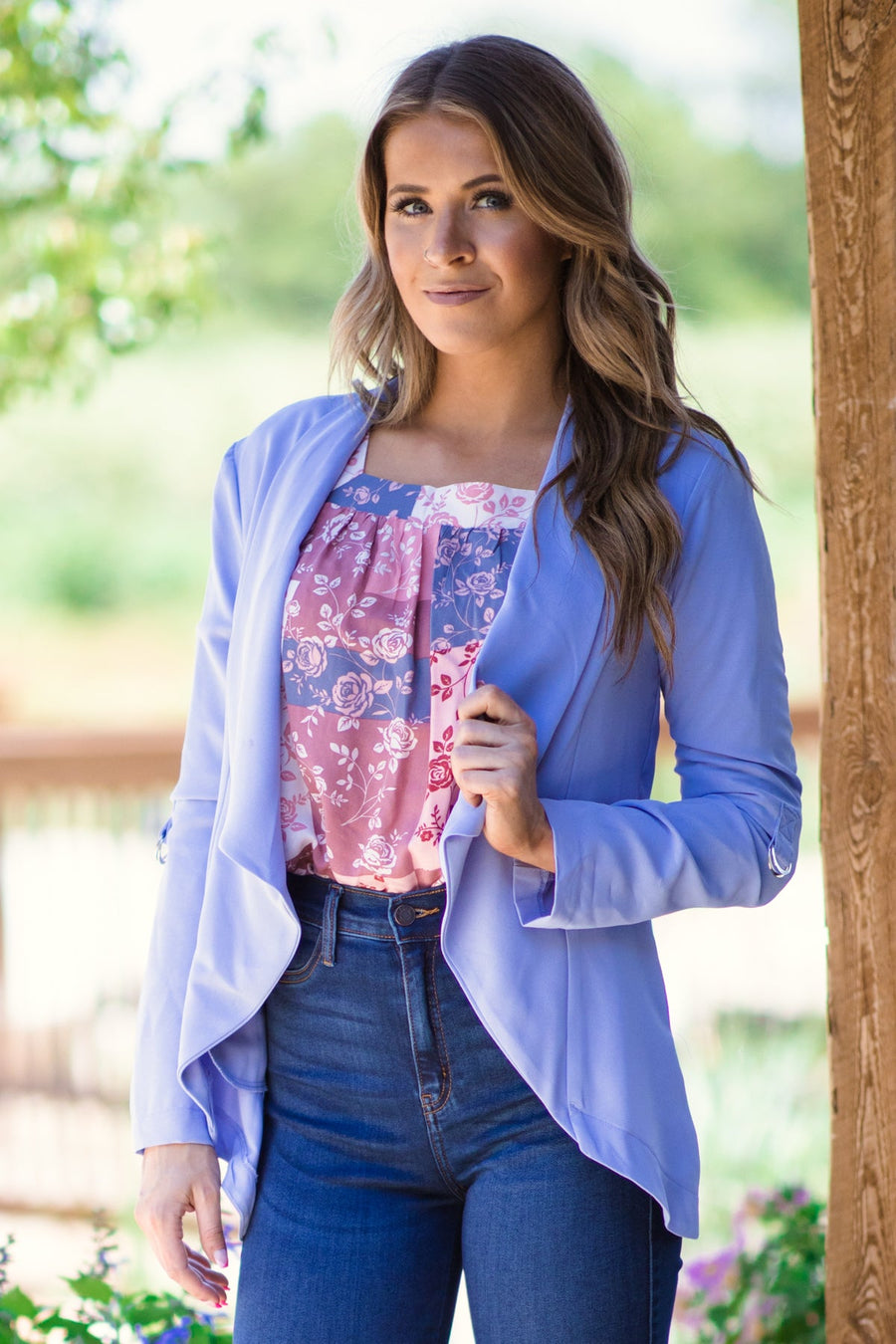 Pastel Blue Waterfall Front Tab Sleeve Blazer - Filly Flair