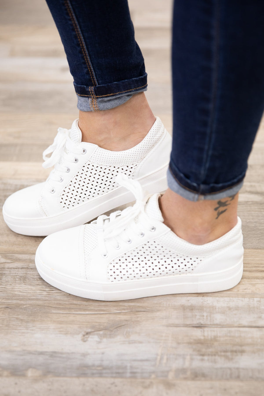 White Perforated Thick Sole Sneakers - Filly Flair