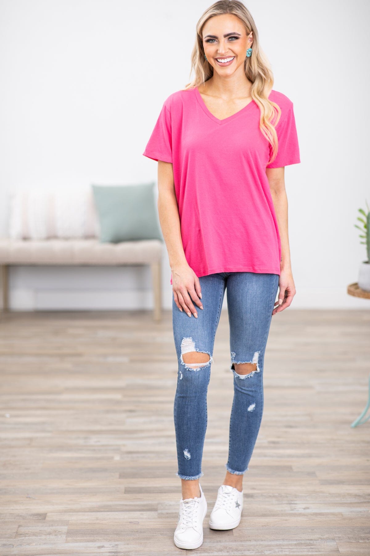 Hot Pink V-Neck Boyfriend Fit Tee - Filly Flair