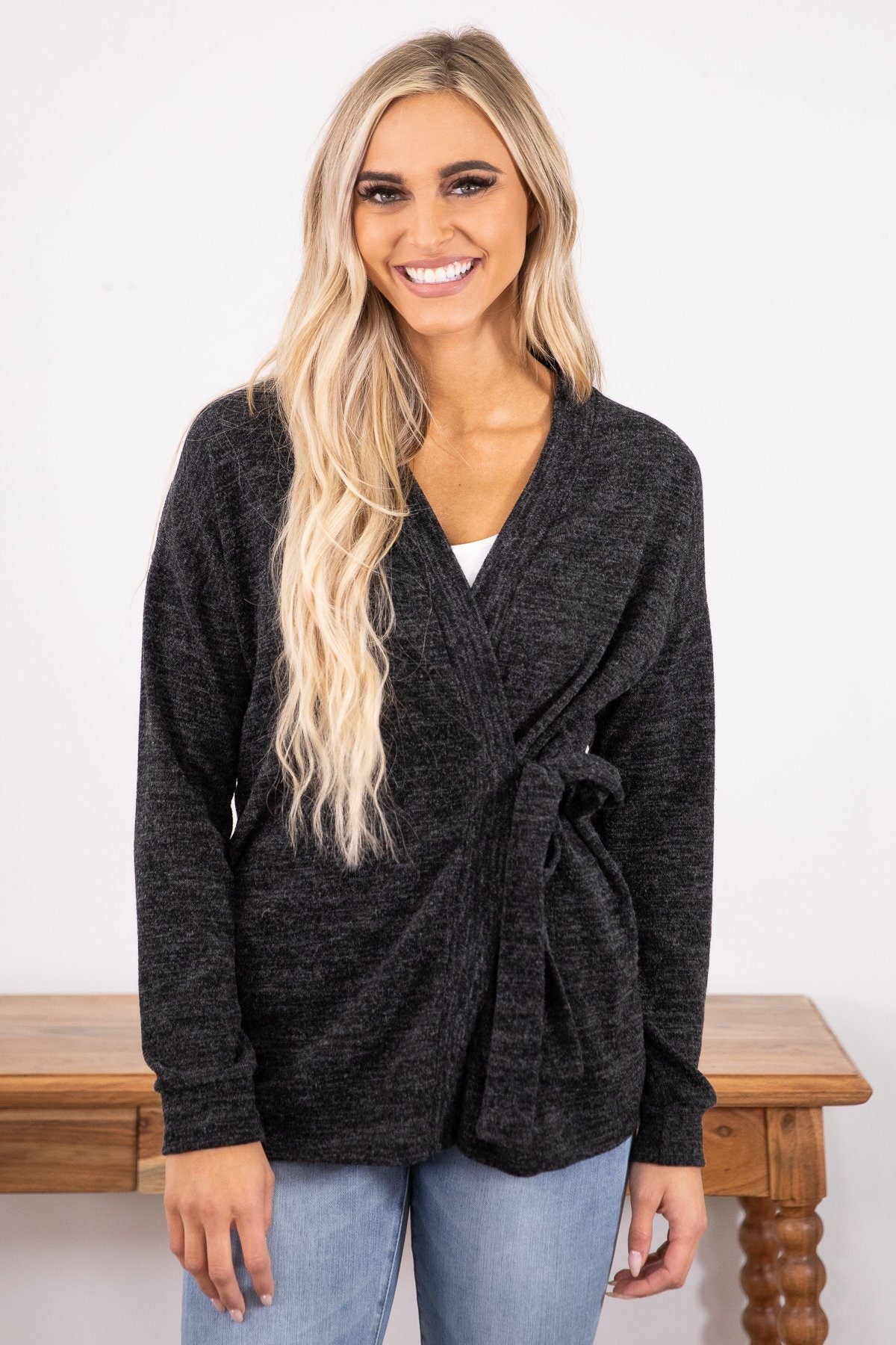 Charcoal Side Tie Cardigan - Filly Flair