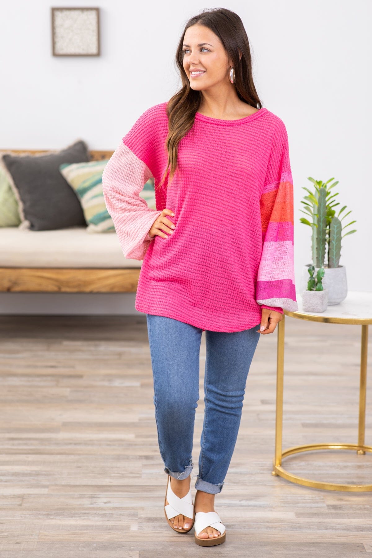Hot Pink Waffle Knit Top With Stripe Sleeve - Filly Flair